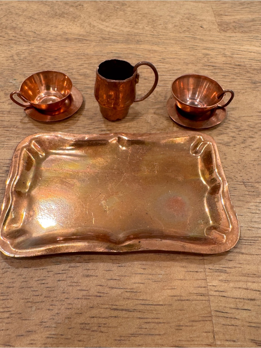 Vintage Miniature Bronze Tray Pitcher Teacup Saucers Doll Dollhouse Decor Rustic